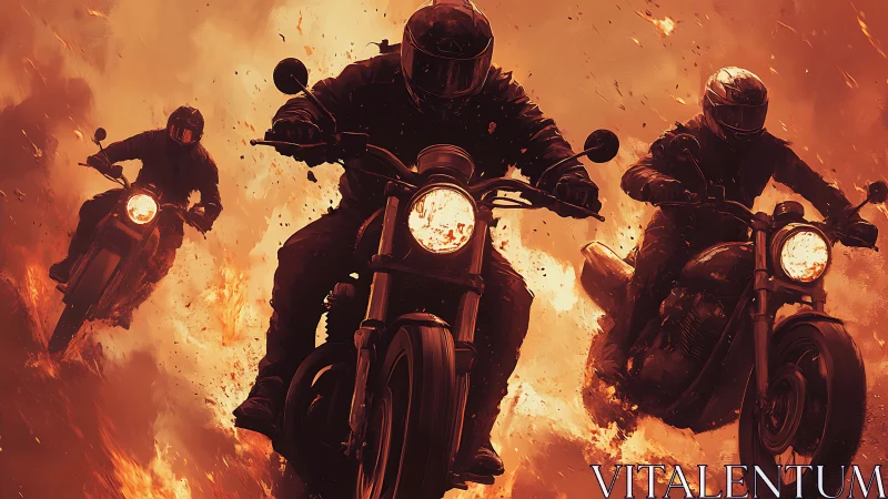 Motorcyclists ride through dense fire and flying embers.