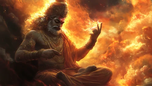Fire deity meditates within swirling celestial inferno