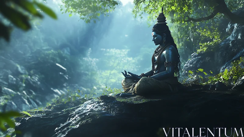 Meditative blue deity rendered in volumetric forest light.