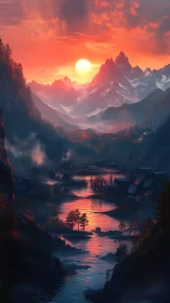 Sun-forged mountain valley cradling a river of embers.