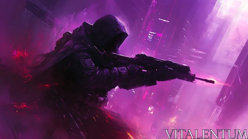 Hooded cyberpunk sniper with rifle in neon magenta haze