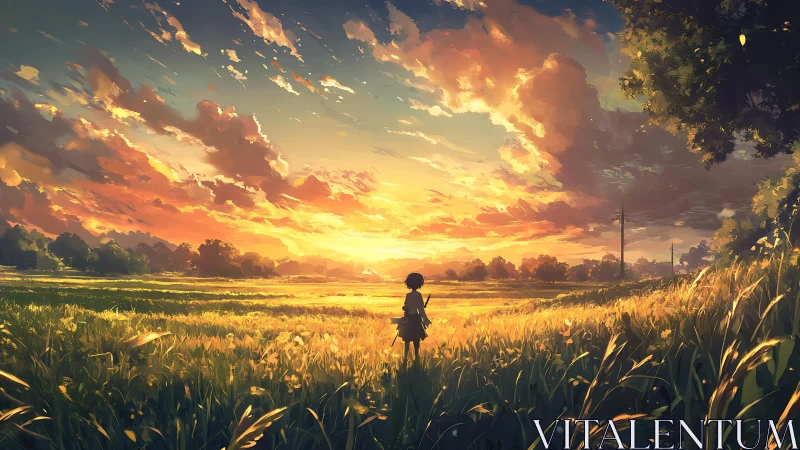 Child of the golden horizon under a sky on fire.