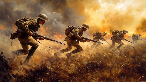World War infantry charge cuts through burning battlefield