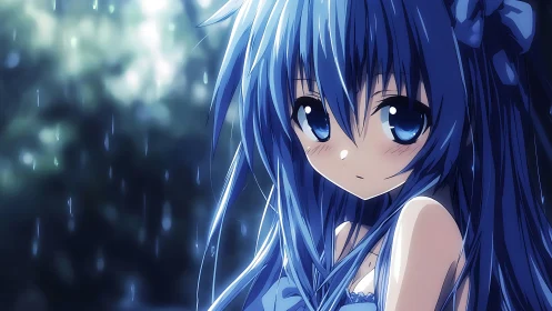 Blue haired anime girl standing in soft outdoor rain scene.