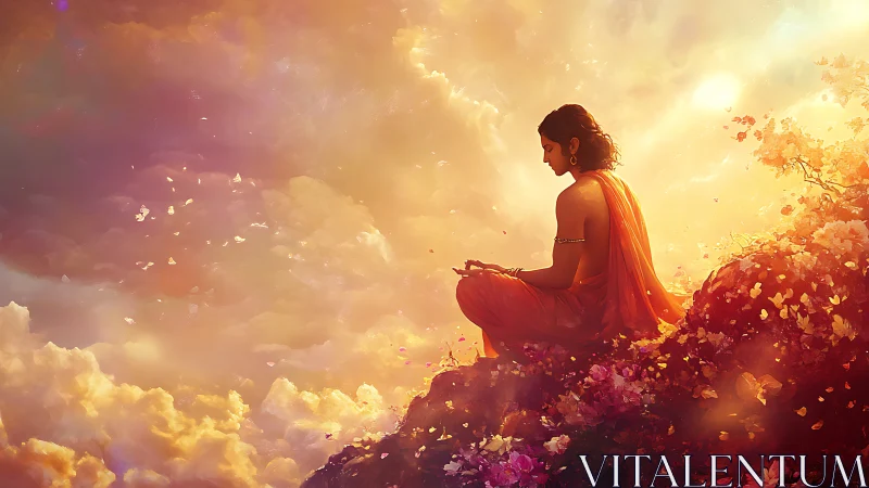 Meditative figure rests above glowing clouds at sunrise.