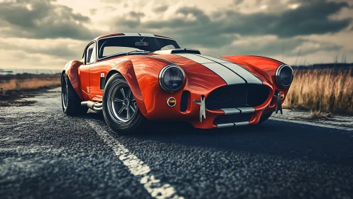 Red sports coupe with white stripes on rural road at dusk.