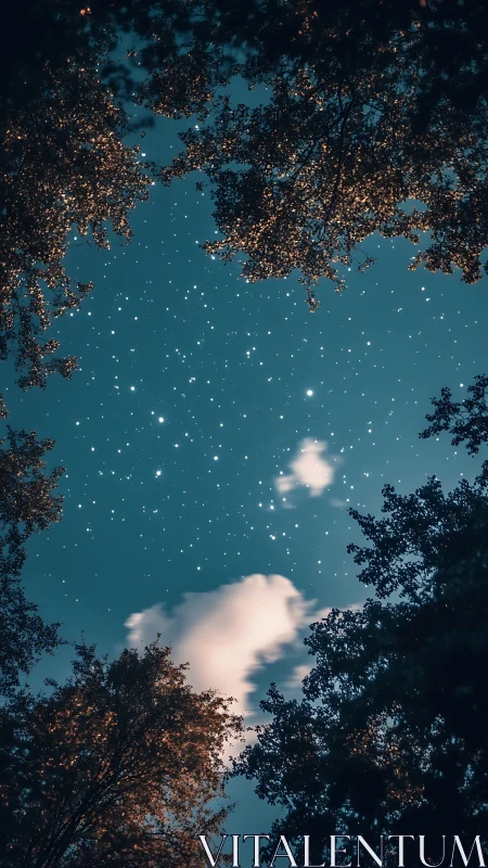 Photorealistic treetop aperture framing a luminous night sky.