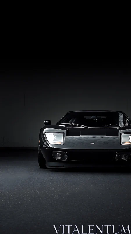 Black sports car front view in dark minimal studio.
