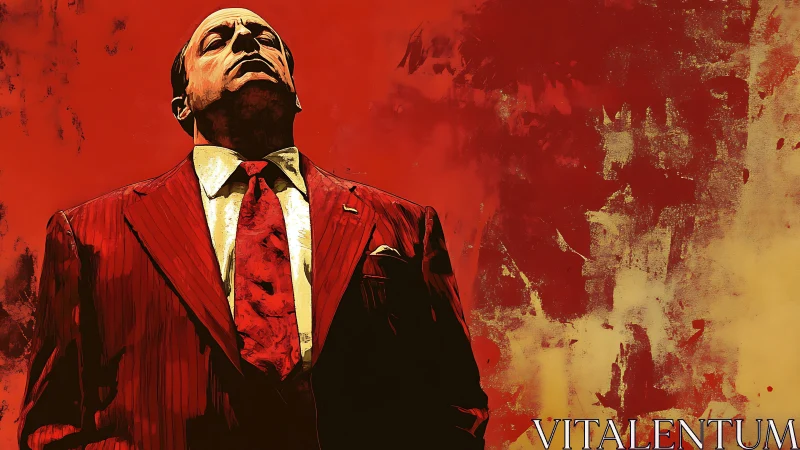 Authoritative suited figure against abstract red backdrop