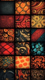 Abstract swirl and pattern grid in warm vivid tones.