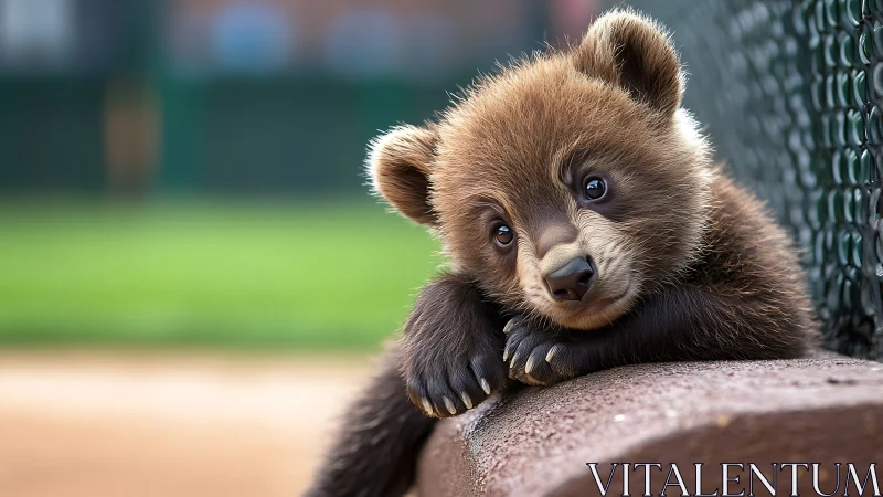 Curious bear cub rests by a fence in soft outdoor light.
