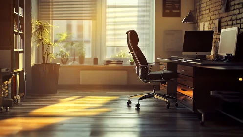 Sunlit workspace shows office chair, desk and window lighting