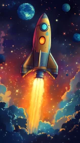 Retro stylized rocket launch through nebula clouds in orbit