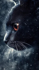 Black Cat with Glowing Eyes in Cosmic Snow Setting.