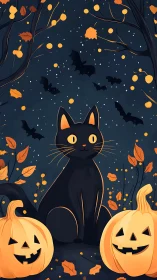 Black Cat with Golden Eyes Surrounded by Halloween Pumpkins
