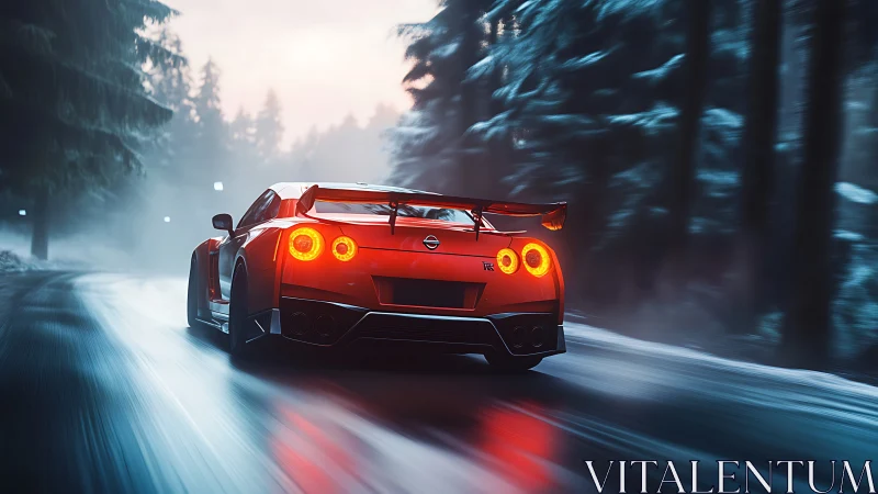 Red Nissan GT-R accelerates on wet forest road at dusk