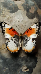Butterfly with orange white wings on rough stone surface.