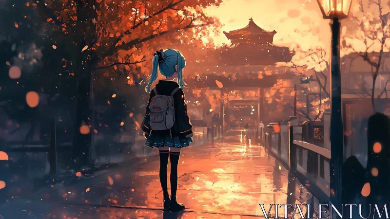 Twilight rain polishes an autumn path for a lone dreamer