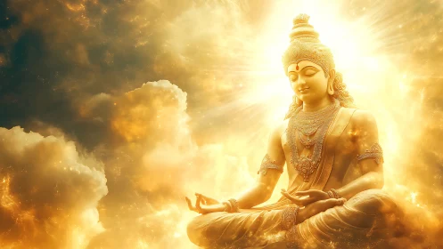 Golden meditative deity sits radiant amid luminous clouds