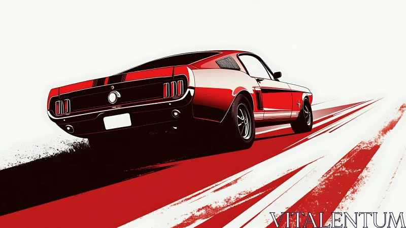 Red muscle car illustration on dynamic racing stripes background.