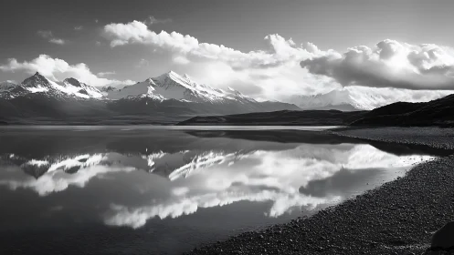 Snow peaks mirrored on calm alpine lake in monochrome.