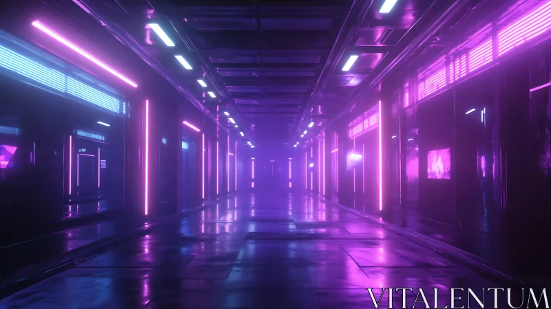 Neon-lit reflective sci fi corridor in saturated magenta haze.