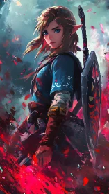 Elf warrior stands in red energy storm with shield raised