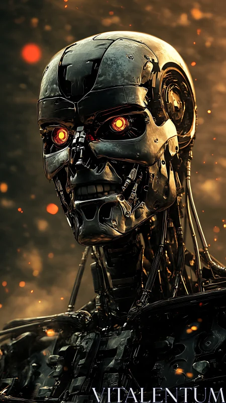 Cinematic cybernetic endoskeleton portrait with molten ember gaze.