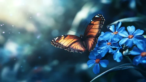 Orange butterfly on vivid blue flowers in soft light.