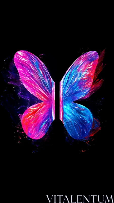 Neon dual-tone butterfly silhouette on deep black field.
