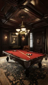 Luxury billiards room with red pool table and dark wood paneling.