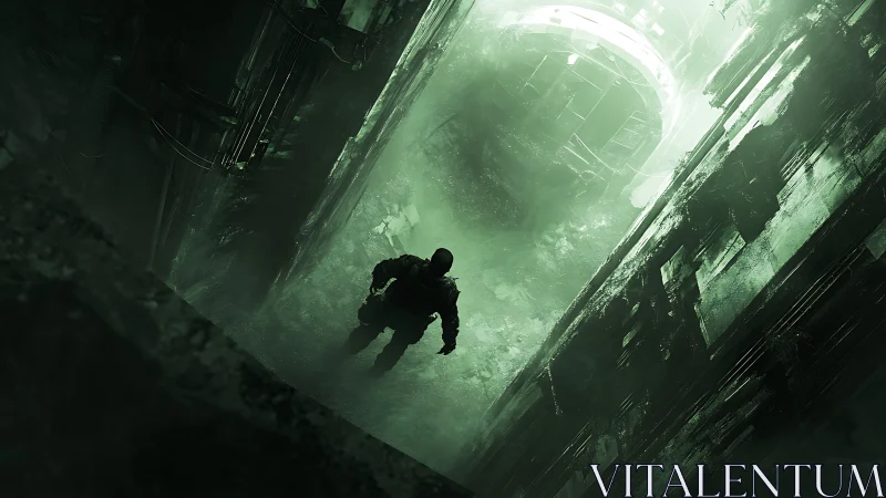 Cinematic cyberpunk corridor with lone operative silhouette.