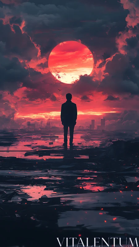 Digital painting silhouette under crimson apocalyptic sunscape.