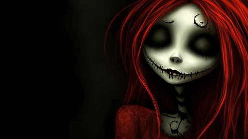 Gentle gothic girl with red hair in a dreamy dark glow.