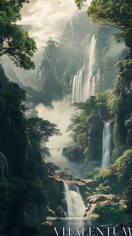 Multi-tiered orographic waterfalls in mist-laden ravine system.