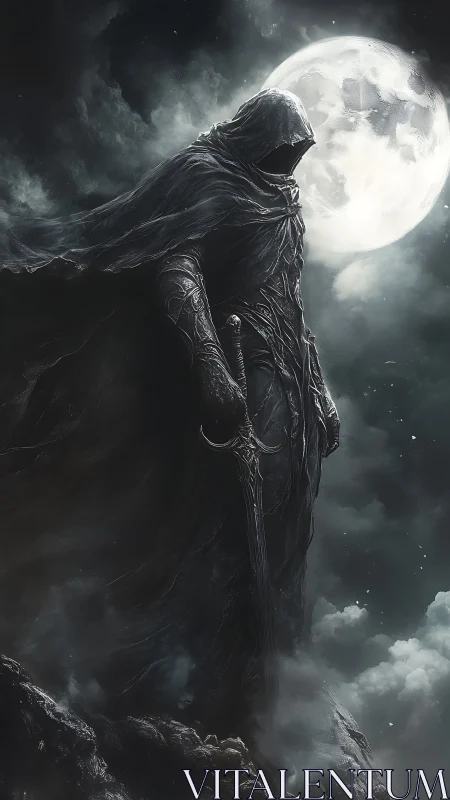 Hooded wraith knight with engraved greatsword under full moon