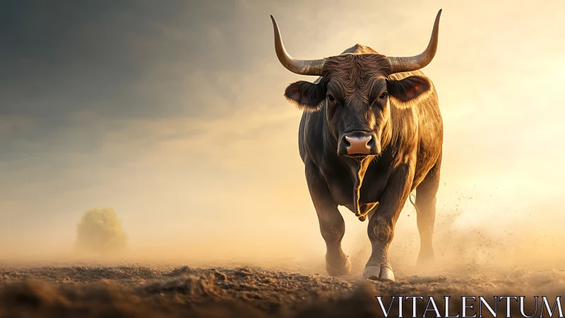 Horned bull moving across dusty ground at sunrise light.