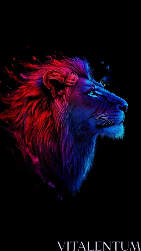 Vibrant neon lion glowing softly against midnight black.