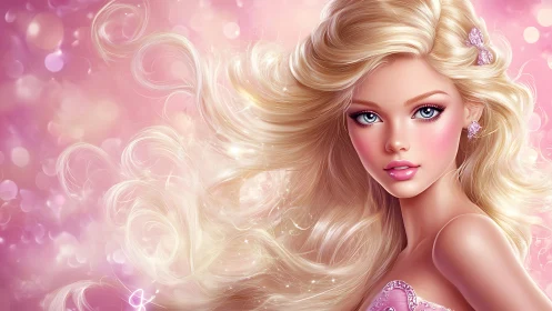 Sparkling blonde dream girl in swirling pink glow.