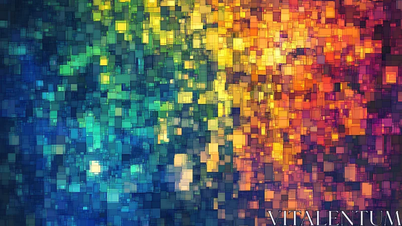 Geometric pixel mosaic with radiant blue to orange gradient.