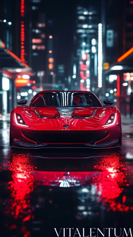 Red sports car on wet neon city street at night.