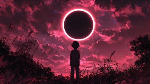 Backlit silhouette child under neon ringed eclipse sky
