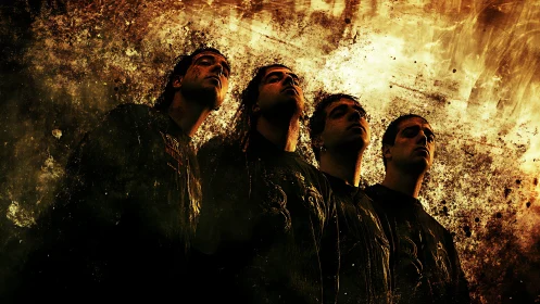 Four shadowed figures gazing upward through molten light.