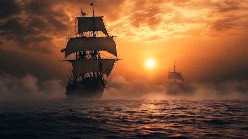 Tall ships cross a misty sea beneath a blazing sunset sky