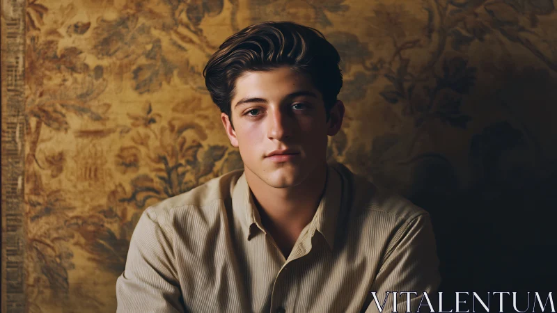 Cinematic low-key portrait against textured botanical tapestry.