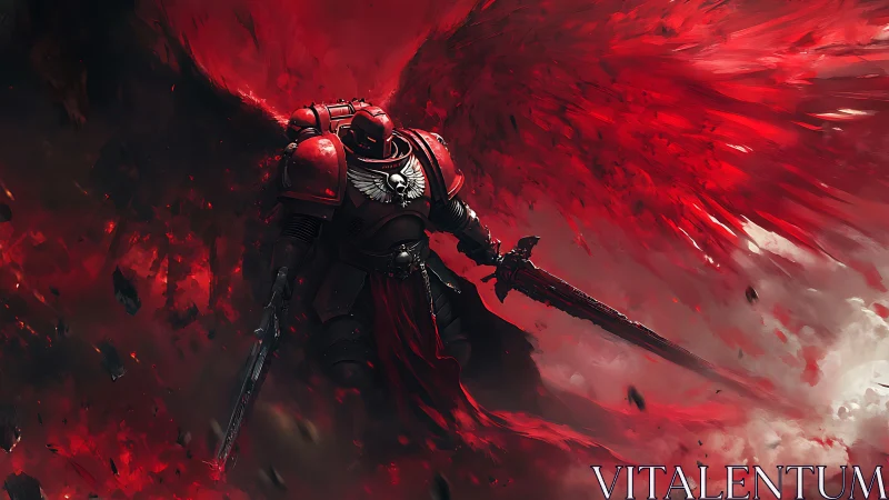 Winged crimson space knight with sword in explosive clouds.
