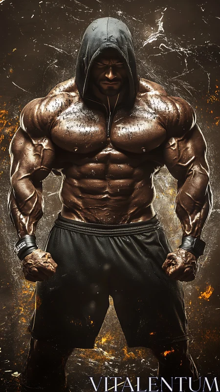 Hooded bodybuilder stands in explosive dramatic lighting