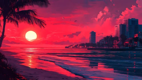 Neon tides swallow the city skyline in molten sundown glow