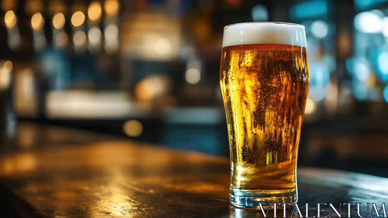 Pint of golden lager on polished bar with bokeh pub lights