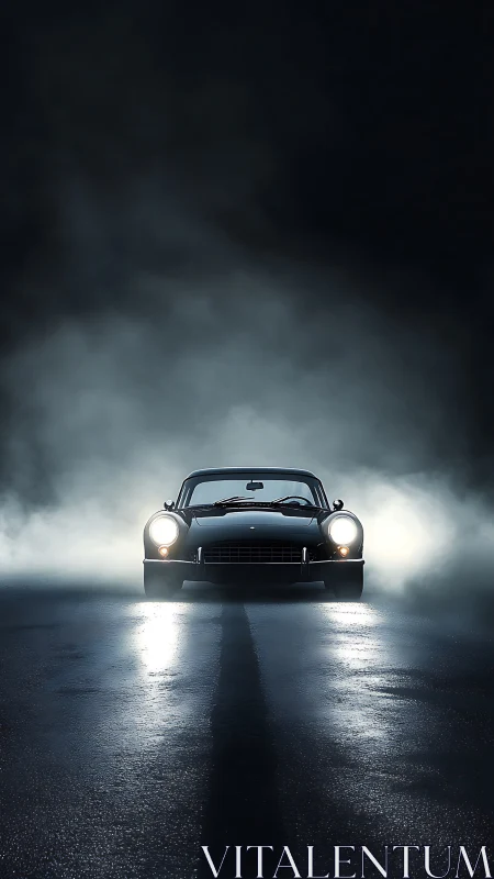 Classic black car on wet night road in dense mist.